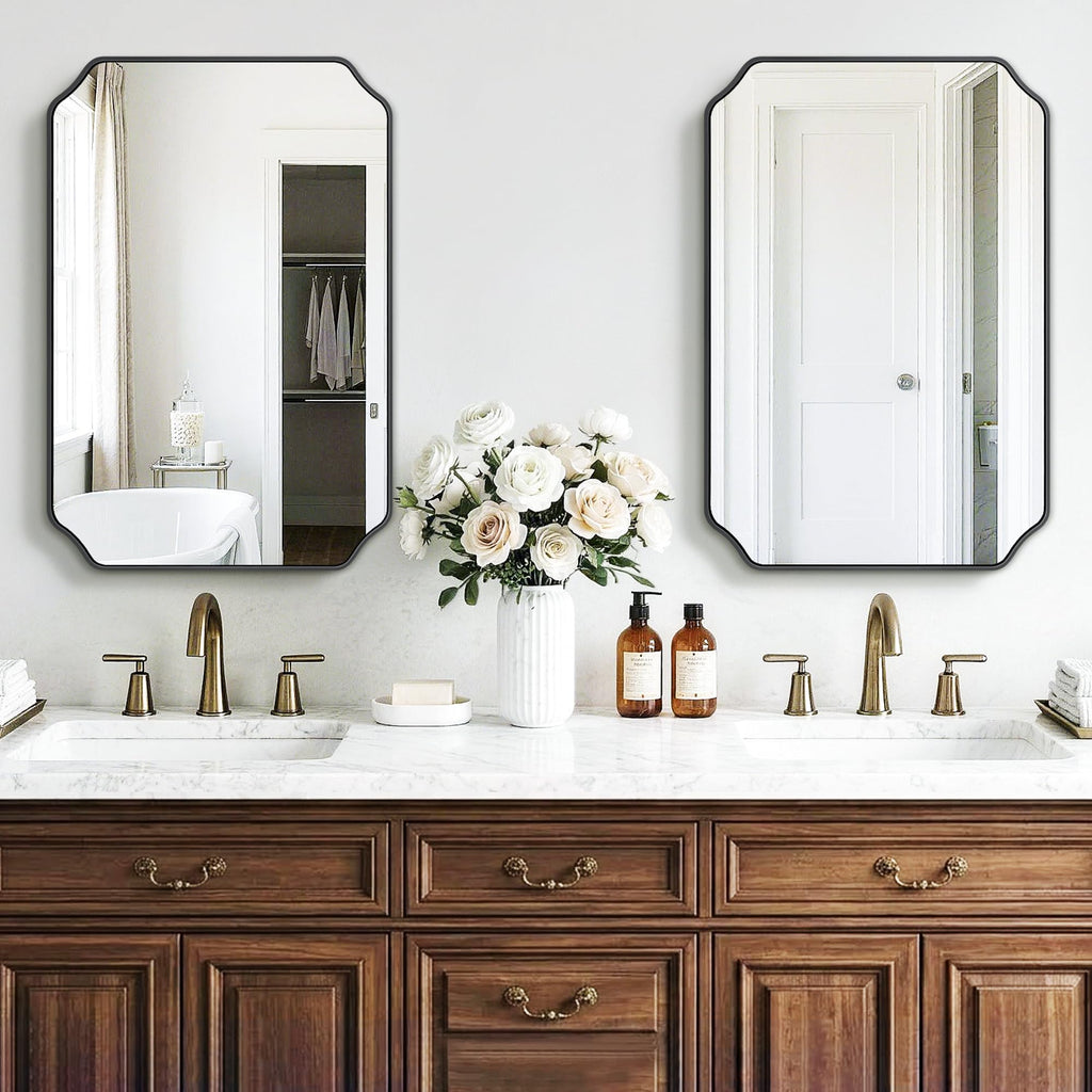 Vanity Bathroom Mirror, 20" x 30" Black Scalloped Mirror for Wall