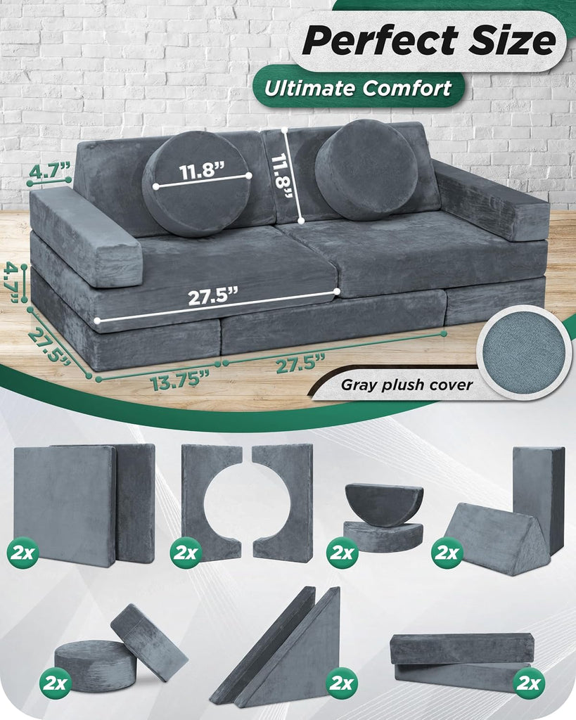 Modular Kids Play Couch, Piece Fort Building & Climbing Foam Set