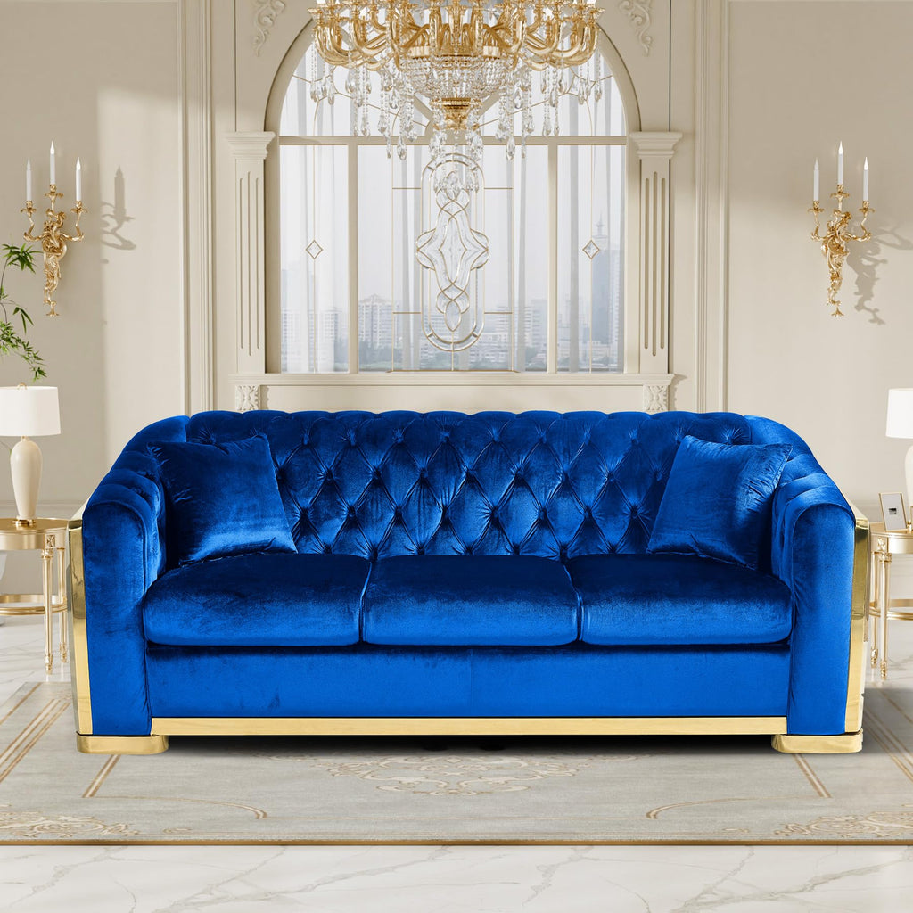 Chesterfield Loveseat and Sofa Set, Luxury Tufted Gold Couch, Blue