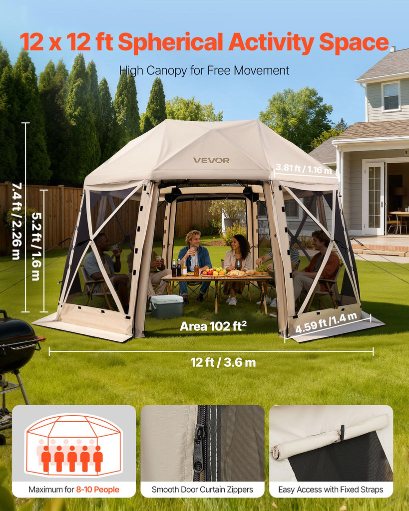 12x12ft Pop Up Gazebo Screen Tent, 13-Sided Dome for 8-10 People