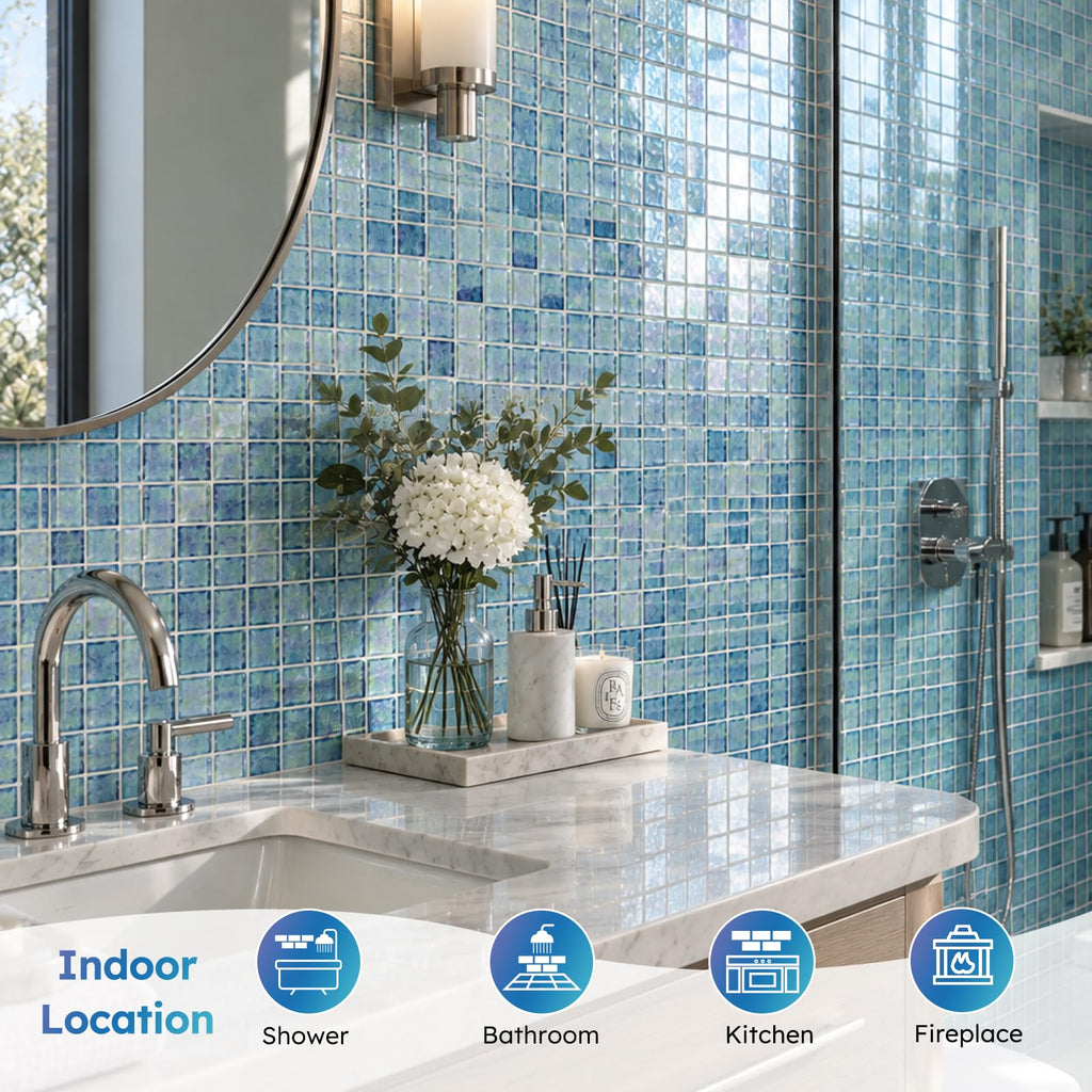 Pool Glass Mosaic Tiles, Iridescent Aqua, 1 Inch Sqaure, 5 Sheets