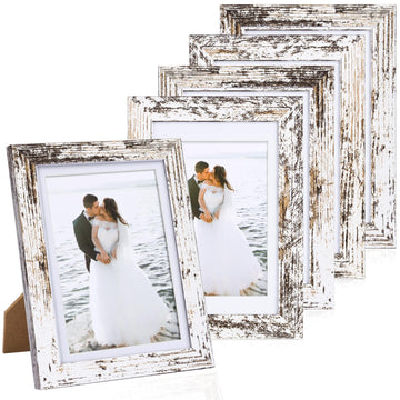 5x7 Picture Frames Set of 5 with Distressed White Wood Grain and HD Real Glass Cover, Vintage Photo Frames for Wall