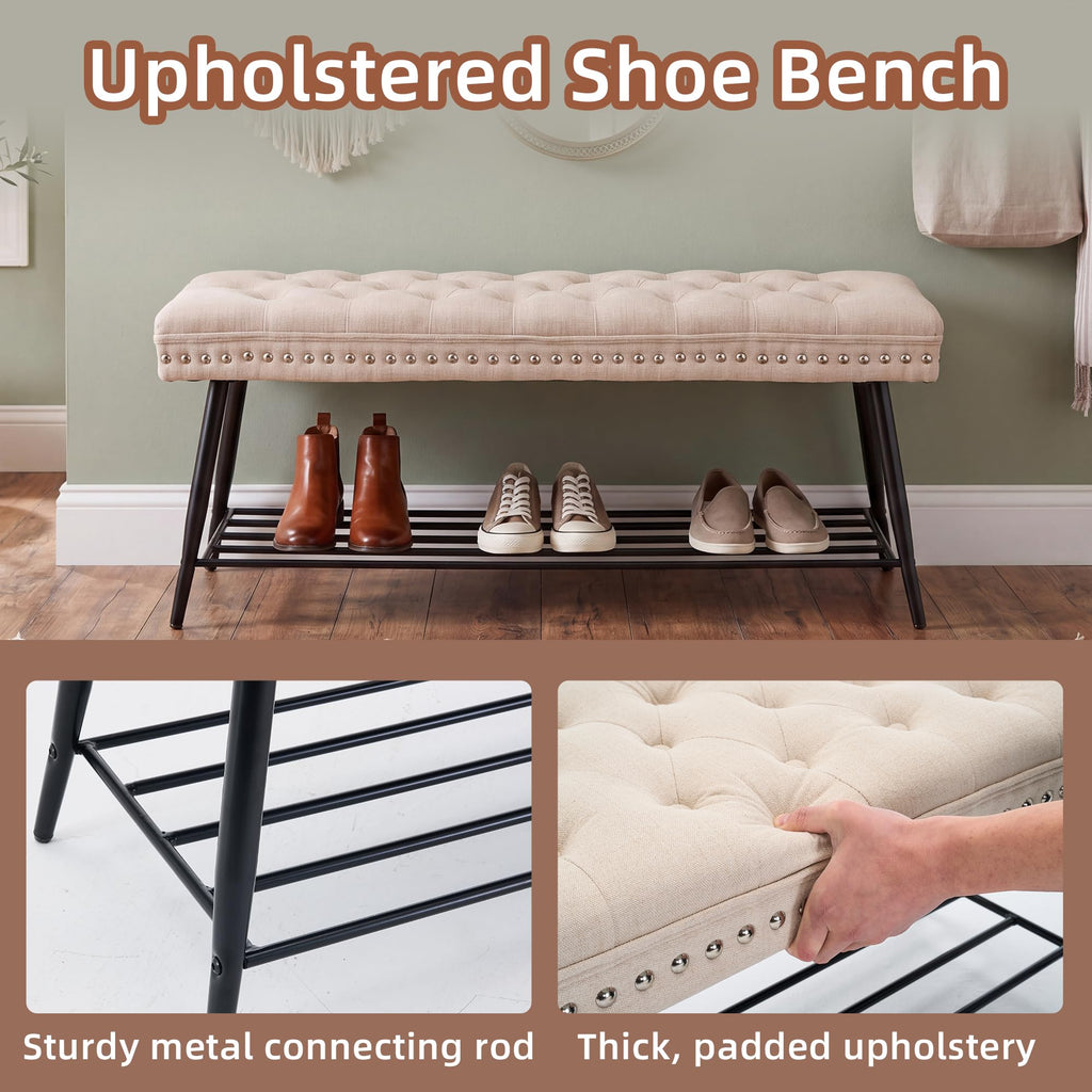 Thick Cushioned Shoe Bench, Entryway Bench with Metal Shoe Rack, Upholstered Tufted Ottoman Bench, End of Bed Bench