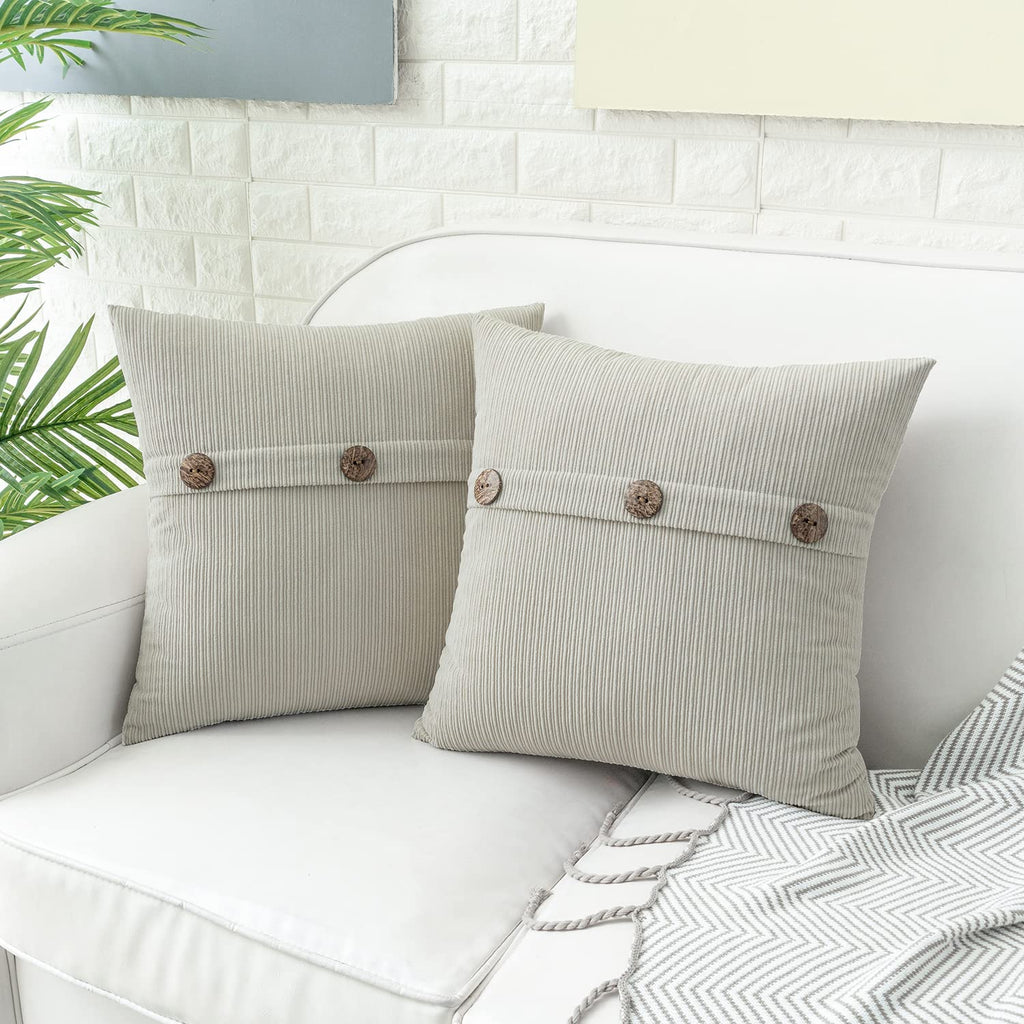 Light Grey Chenille Throw Pillow Covers 18x18 Inch Buttons Pack of 2