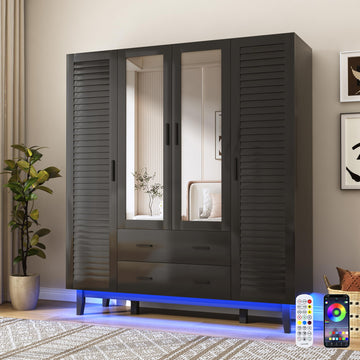 4 Door Armoire Wardrobe Closet Cabinet with Drawers and LED Lights, Multi-Tier Shelves, Hanging Rod & Louver Doors