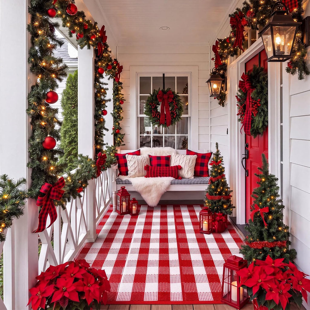 Red White Buffalo Plaid Rug 4' x 6' for Christmas Outdoor Decor