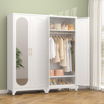 Metal Armoire Wardrobe Closet with Mirror, Clothing Storage Cabinet
