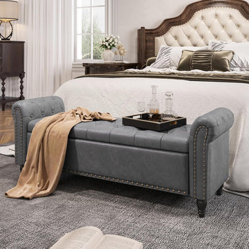 55 Inch Bedroom Bench, End of Bed Bench with Storage, Grey | Bed Benches for Foot of Bed, Faux Leather Window Bench