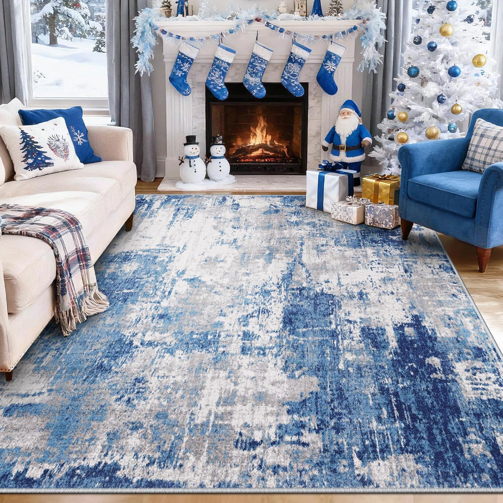 5x7 Washable Area Rugs 5'x7' Non-Slip Modern Abstract Soft for Living Room Entryway Bedroom Nursery, Print Pattern, Blue