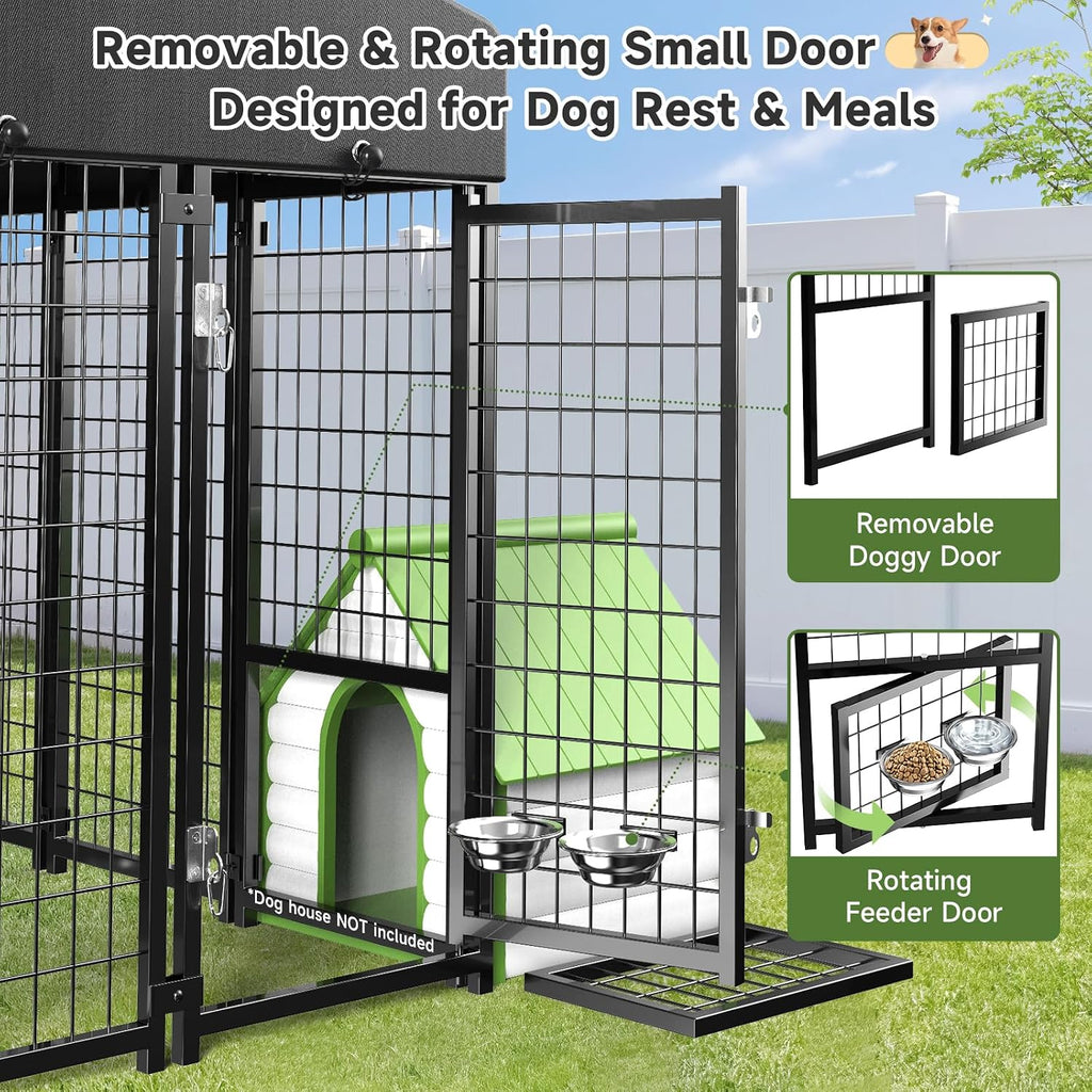 Dog Kennel Outdoor, Large Outside Dog Kennel with Roof & Swivel Feeders/Removable Doggy Door Allow Connecting Your