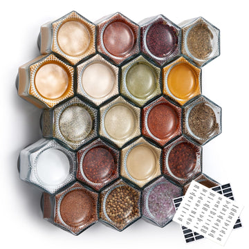 Set of 20 Large 4oz Magnetic Spice Jars for Refrigerator, Hexagon Glass Magnetic Spice Jars with Shaker Lids