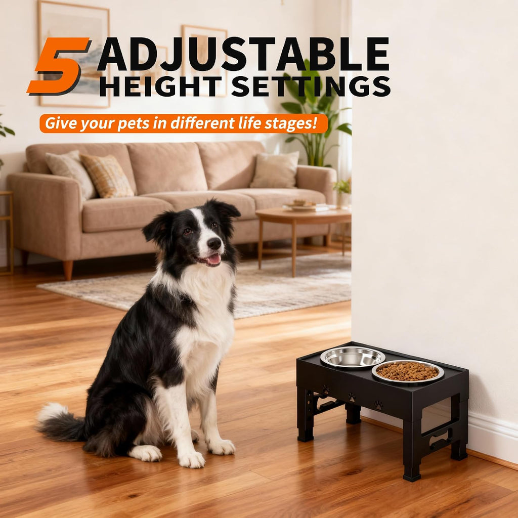 Elevated Dog Bowls with 2 Stainless Steel Bowls, 5-Height Adjustable Stand (3.1", 9" to 12"), for Improved Digestion