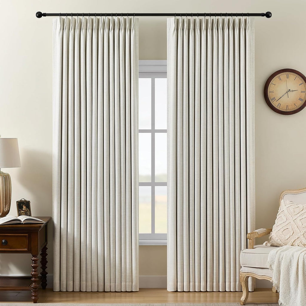Pinch Pleated Curtains 100% Blackout Linen Curtains 95 Inches Long for Bedroom Living Room, Natural Memory Trained