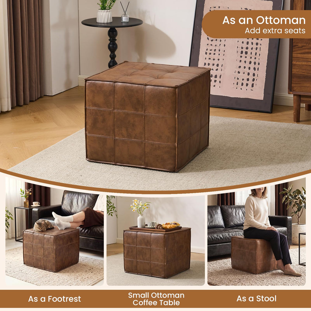 Square Genuine Leather Pouf Ottoman, No-Assembly Modern Footrest (Brown)