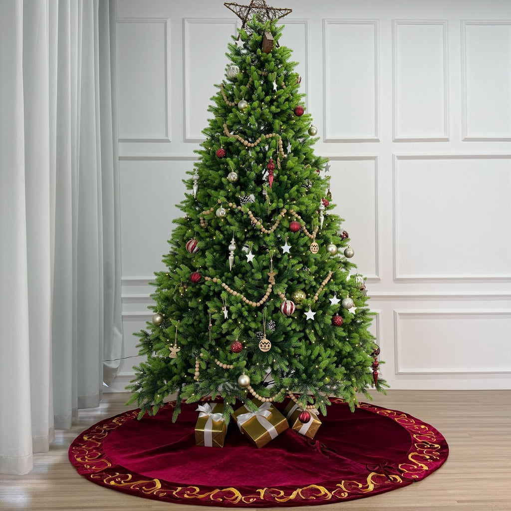84-Inch Velvet Christmas Tree Skirt with Golden Swirl Embroidery and Lace Tie Closures, Burgundy