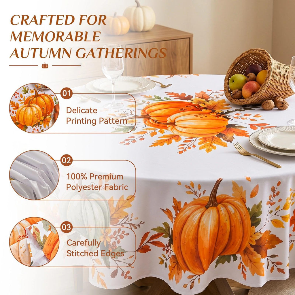 Fall Round Tablecloth, 70 Inch Thanksgiving Orange Pumpkin Farmhouse Decor