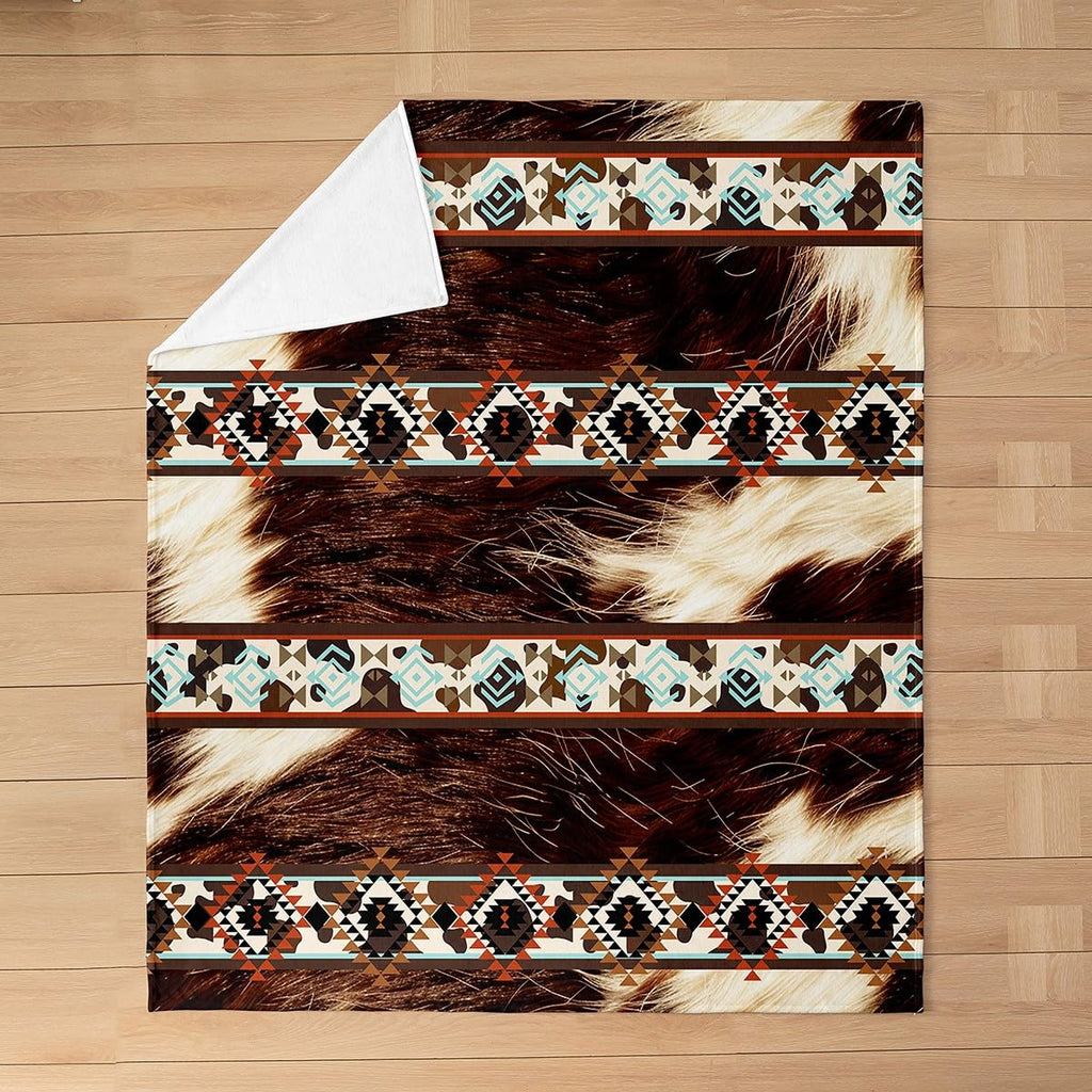 Western Plush Throw Blanket Cowhide Cow Print Retro Fur Flannel Blanket Queen 90"x90" Boho Rustic Farmhouse All