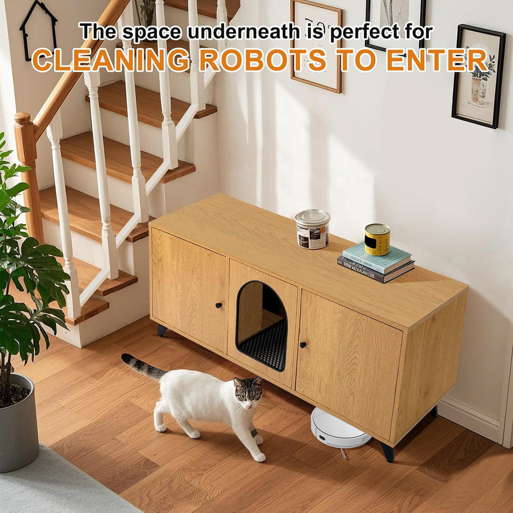 Cat Litter Box Enclosure for 2 Cats, Modern Hidden Litter Box Furniture with Double Room, Large Cat House Washroom