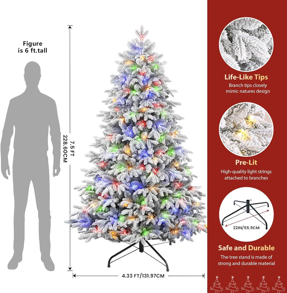 Prelit Artificial Flocked Christmas Tree Multi-Color Lights