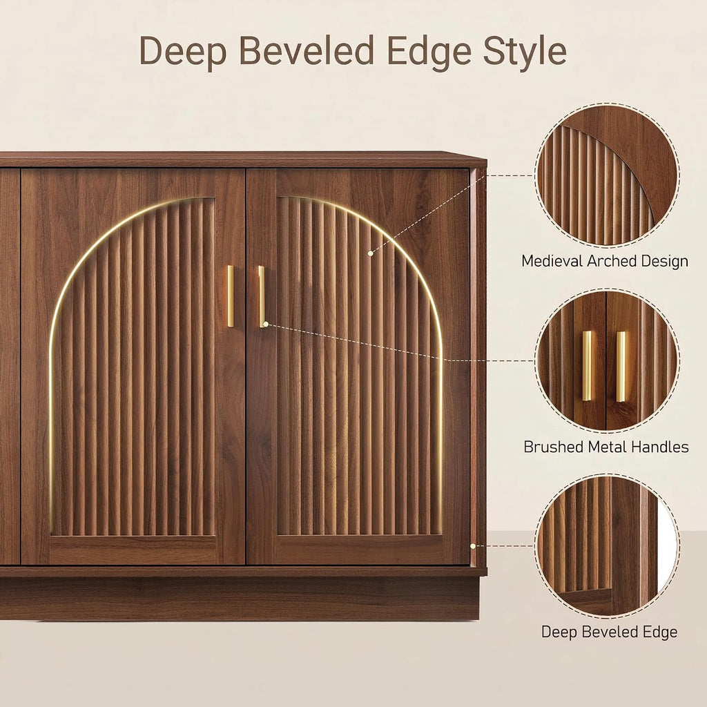63" Fluted Sideboard Buffet Cabinet with Storage, 4 Arched Doors, Mid Century Modern Accent Cabinet, Credenza, Media