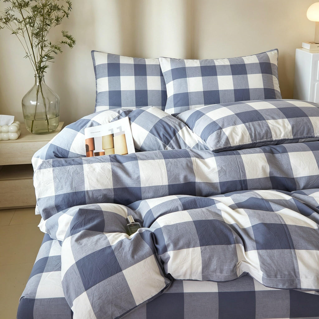 Blue White Buffalo Plaid Duvet Cover Set 100% Washed Cotton