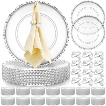 50 Set Clear Beaded Charger Plates Bulk for Wedding, 13 Inch