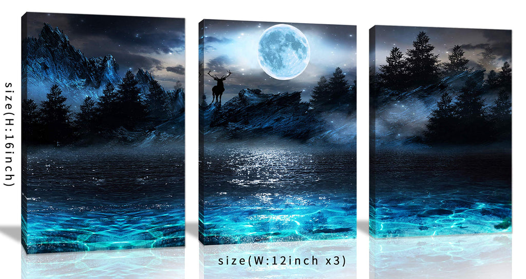 Wall Decorations Moon Deer Ocean Landscape Picture Teen Room Decor Wall Art Modern Decor 3 Piece Framed Ready To Hang