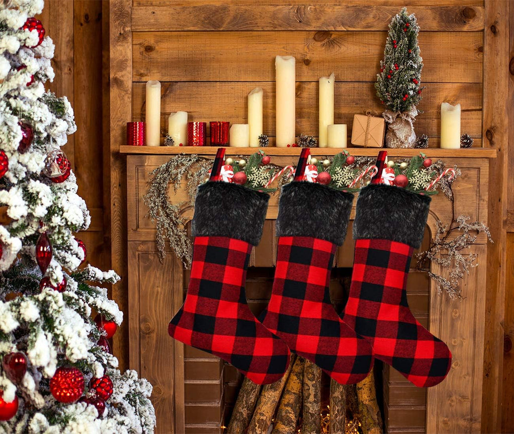 Christmas Stockings- 4 Pack 18" Red Black Buffalo Plaid Stockings with Plush Faux Fur Cuff, Classic Large Christmas