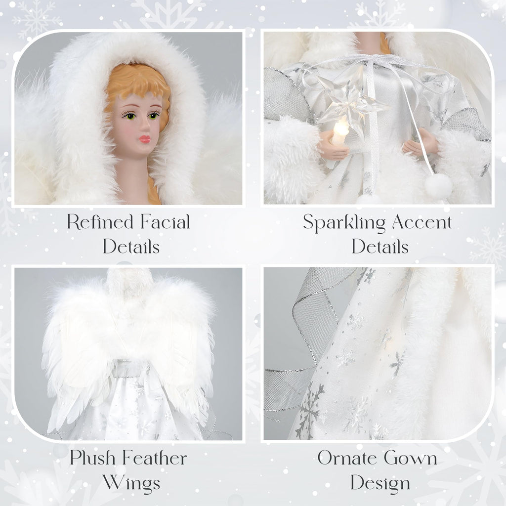 Lighted Christmas Tree Topper Angel, 12 Inch Silver & White Angel Tree Topper w/Feather Wings, 8 Lighting Modes for