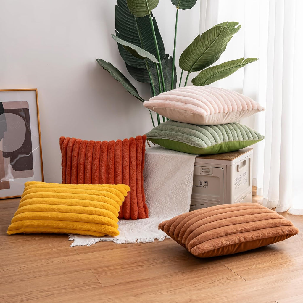 Pack of 2 Faux Fur Christmas Throw Pillow Covers 18x18 Inch, Soft Plush Striped Neutral Couch Pillow Cover, with