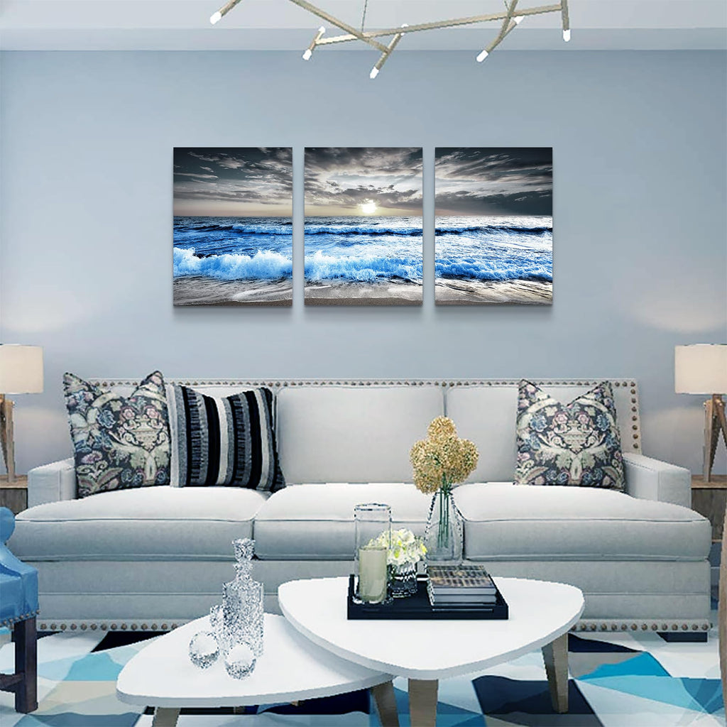3 Piece Canvas Wall Art - Blue Ocean Wave Seascape Pictures - Bedroom, Living Room, Office Wall Decor - Modern Home