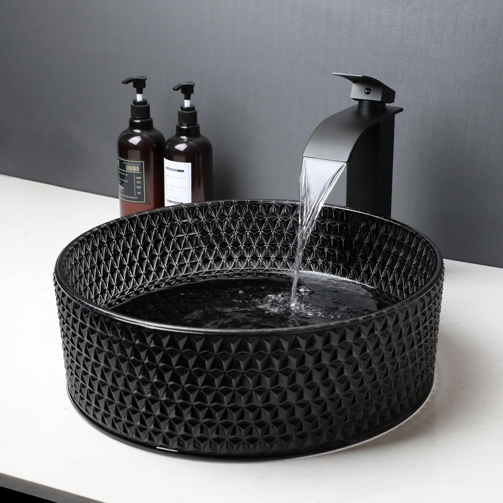 Black Crystal Bathroom Vessel Sink with Waterfall Faucet and Drain Combo,16 Inch Diamond Shaped Tempered Glass Sink
