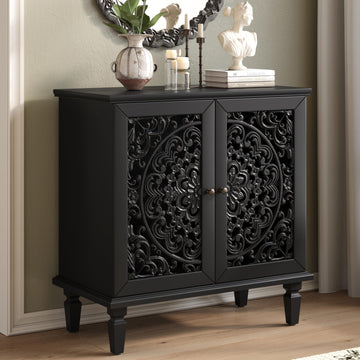 Antique Black Sideboard Buffet Accent Cabinet with 2 Carved Doors