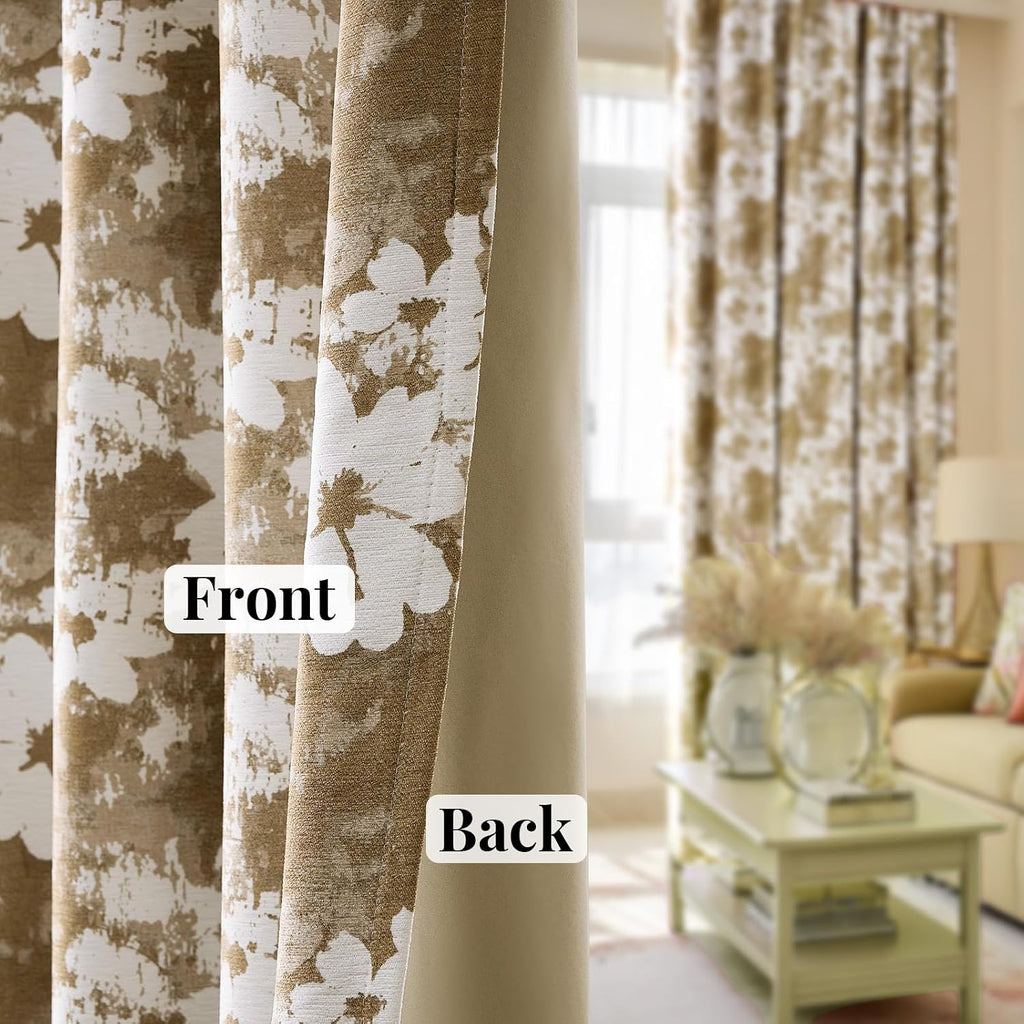 100% Blackout Taupe Floral Curtains,Vintage 96 Inch Thick Window Drapes 2 Panels Set for Living Room Thermal