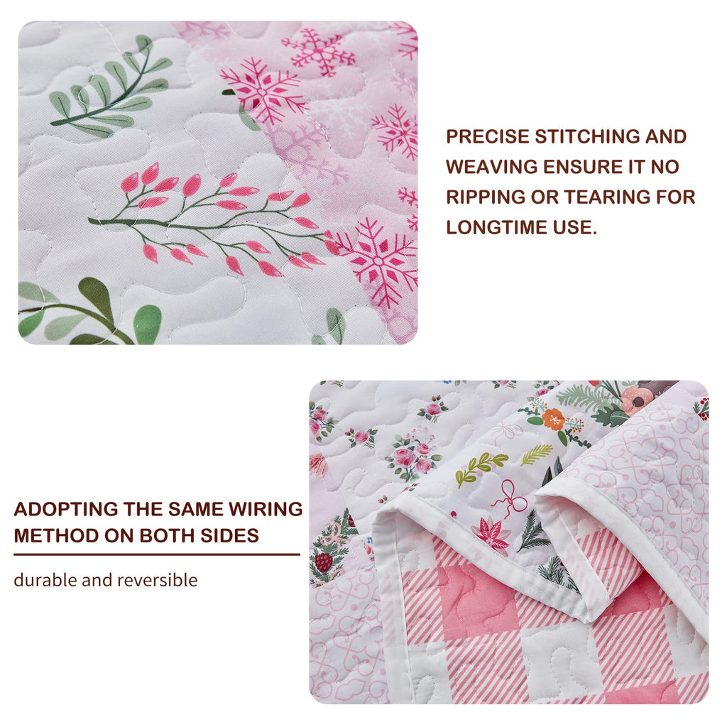 3pcs Christmas Quilt Set Queen, Pink Xmas Patchwork Design, Lightweight Microfiber Bedspread Coverlet for All Season