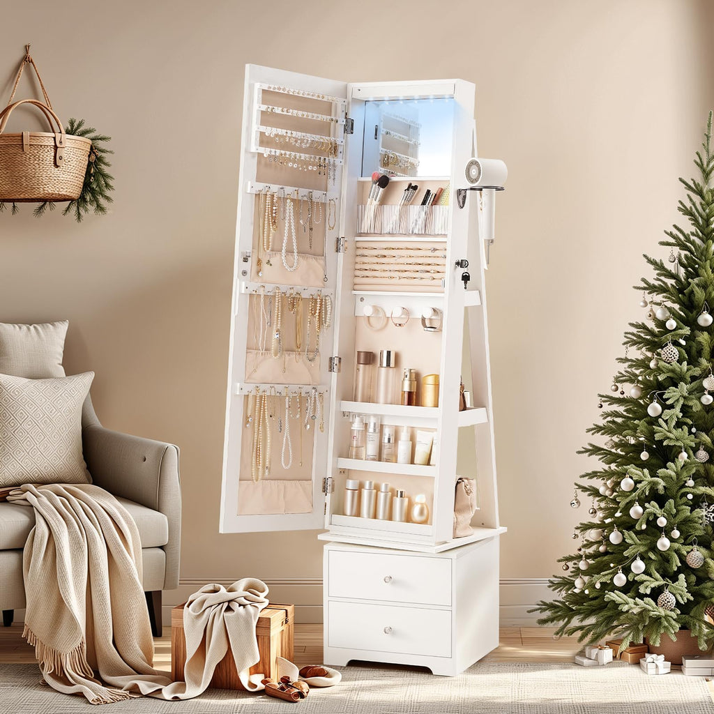 360° Swivel Jewelry Cabinet with LED Lights, Standing Jewelry Armoire with 2 Drawers, Rotatable Full-Length Mirror