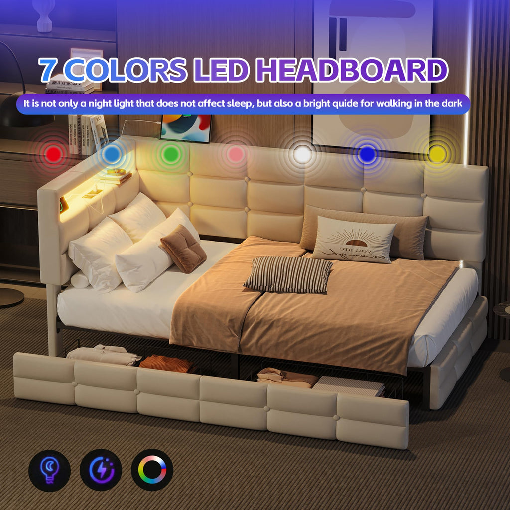 Twin Corner Bed with Storage and Led Lights, Upholstered Twin Size Daybed with Storage Drawers and Charging Station