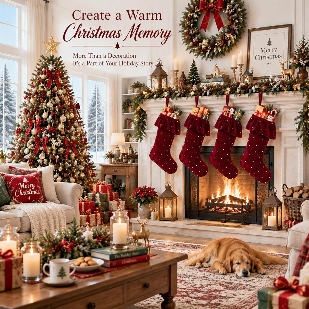 Velvet Christmas Stockings Set of 4, Pearls Ruffled