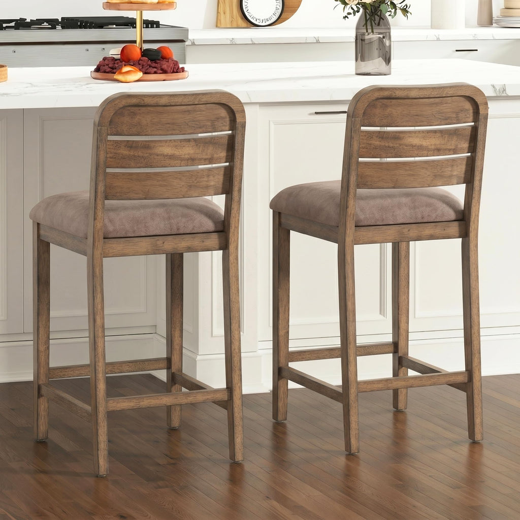Farmhouse Bar Stools Set of 2, 26" Upholstered Counter Height Stool with Ladder Back, Rustic Wooden Bar Chairs