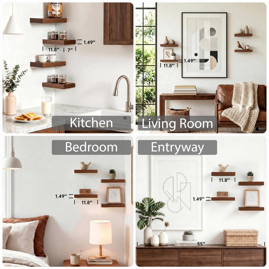 Walnut Floating Shelves for Wall, 12 Inch Wooden Shelves Set of 4