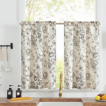 Floral Linen Tier Curtains 36 Inch Farmhouse Botanic Cafe Drapes for Small Windows Rustic Half Window Curtains for