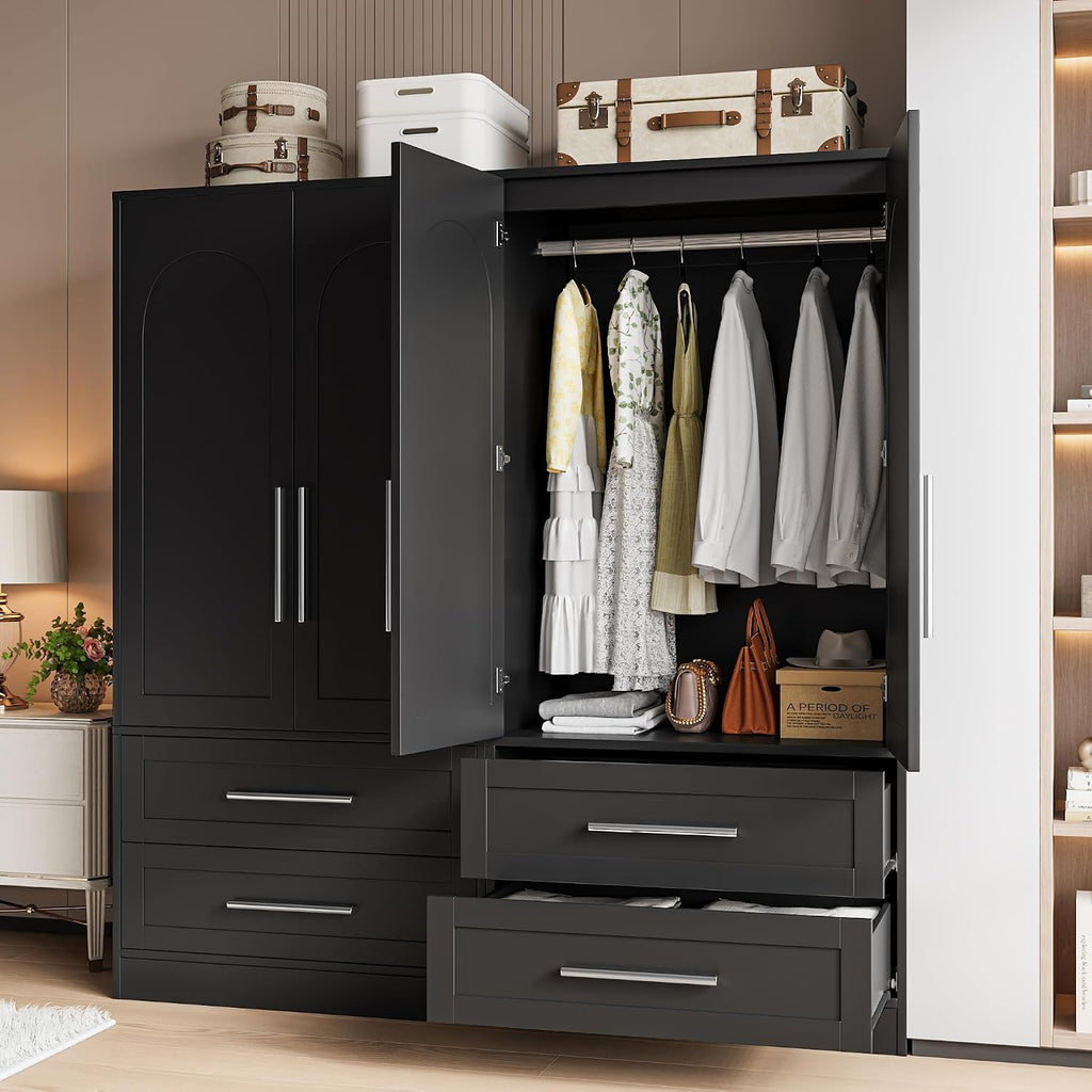 Wooden Armoire Wardrobe Closet with 2 Drawers, Clothing Storage Cabinet with Shelves Aluminum Hanging Rod, Wardrobe