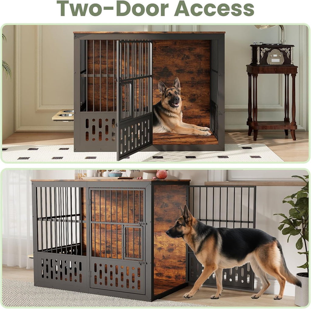 XXL Dog Crate Furniture, Wooden Chewproof Dog Kennel with Interactive Window, 360° Adjustable Bowls (5