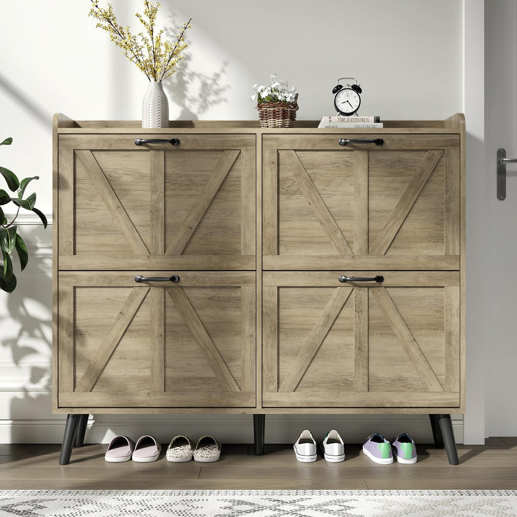 Farmhouse Shoe Cabinet Storage with 4 Flip Drawers, Rustic Oak丨Shoe Cabinet Slim, Freestanding Shoe Cabinet