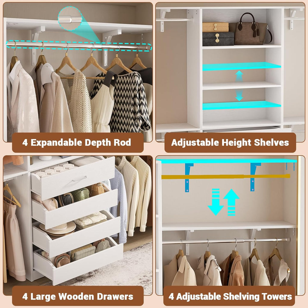 Closet System with Drawers, Wood Closet Organizer System with 4 Hanging Rods & Top Shelves, Walk-in Closets Organizer
