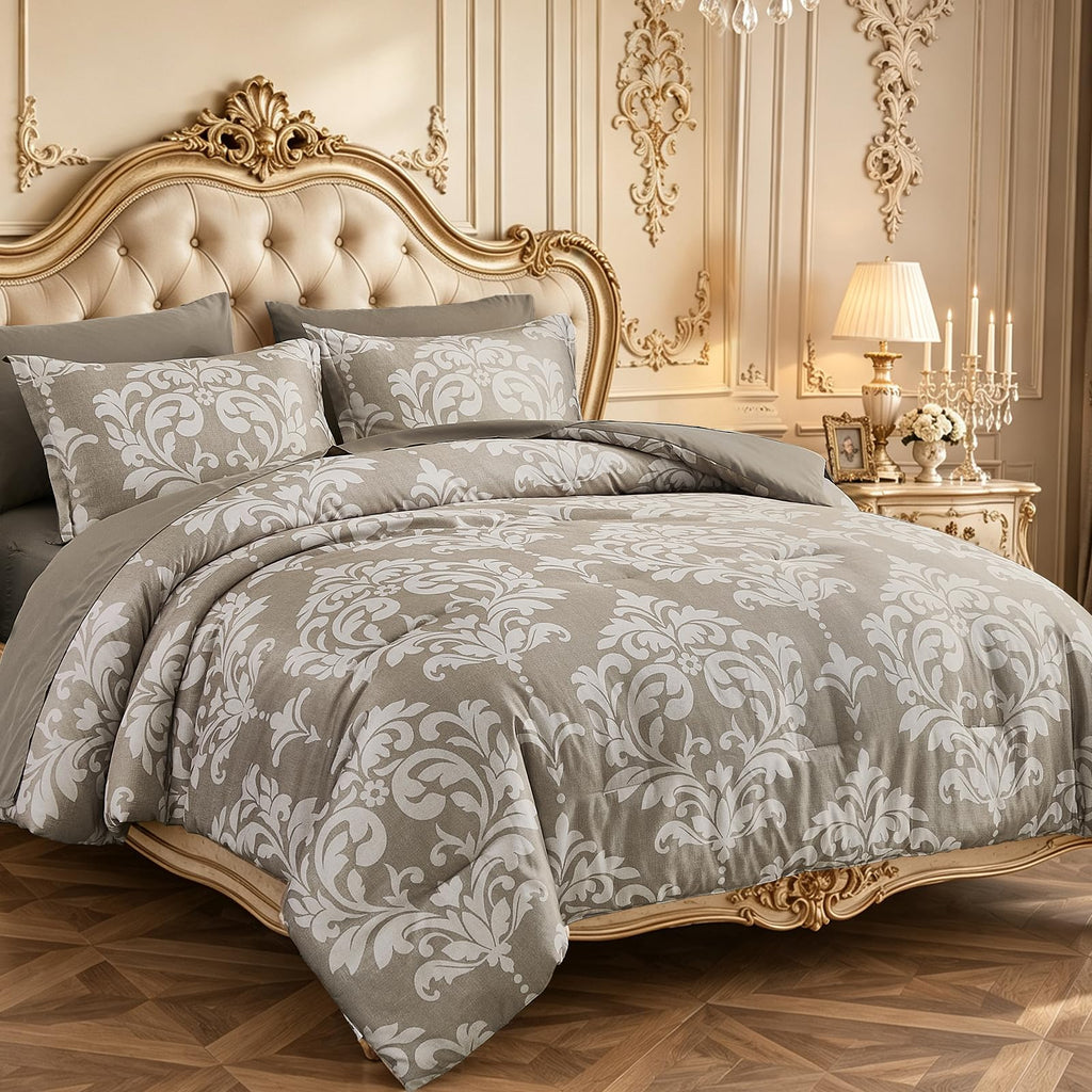 Queen Luxury Comforter Set Taupe 7 Piece Boho Damask Bedding