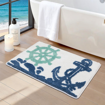 Nautical Anchor Bathroom Rugs Non Slip Washable, 20x32 Soft Microfiber Sea Bath Mat, Quick Dry Absorbent Beach Shower
