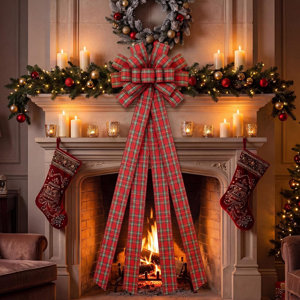 Large Christmas Tree Topper Bow Red Green Plaid Bows, Fresh Color