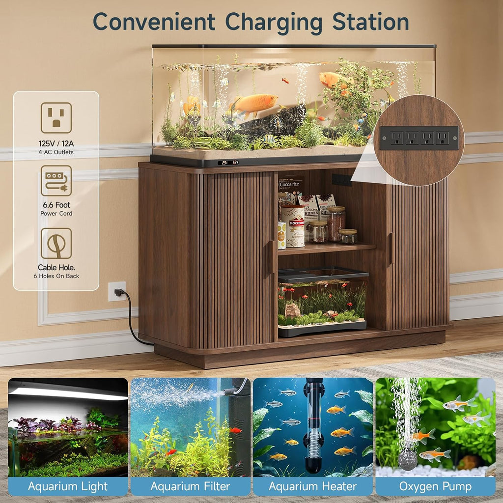 55-75 Gallon Fish Tank Stand with Power Outlet, Fluted Sliding Door