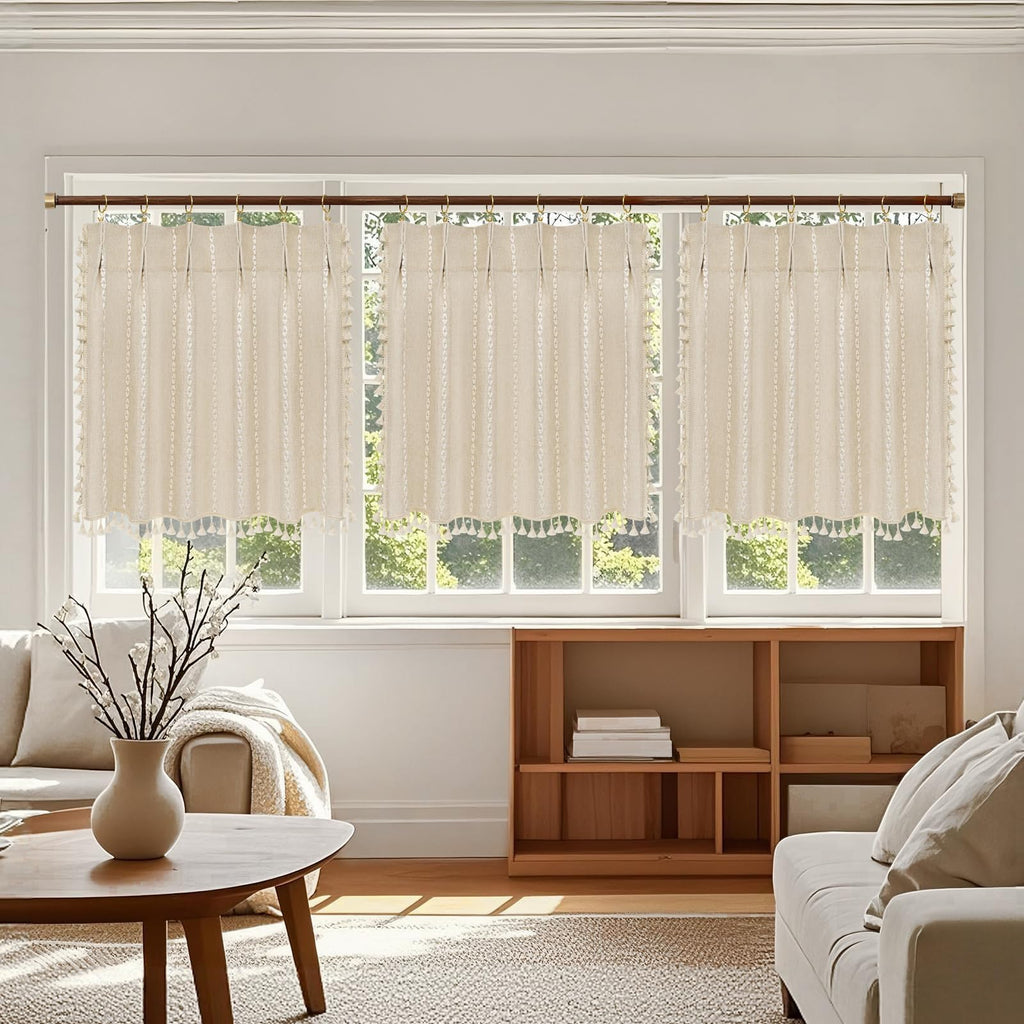 Beige Boho Farmhouse Window Curtain with Tassels, 30 x 36 Inch Light Filtering Sheer Short Cafe Window Curtain Tier